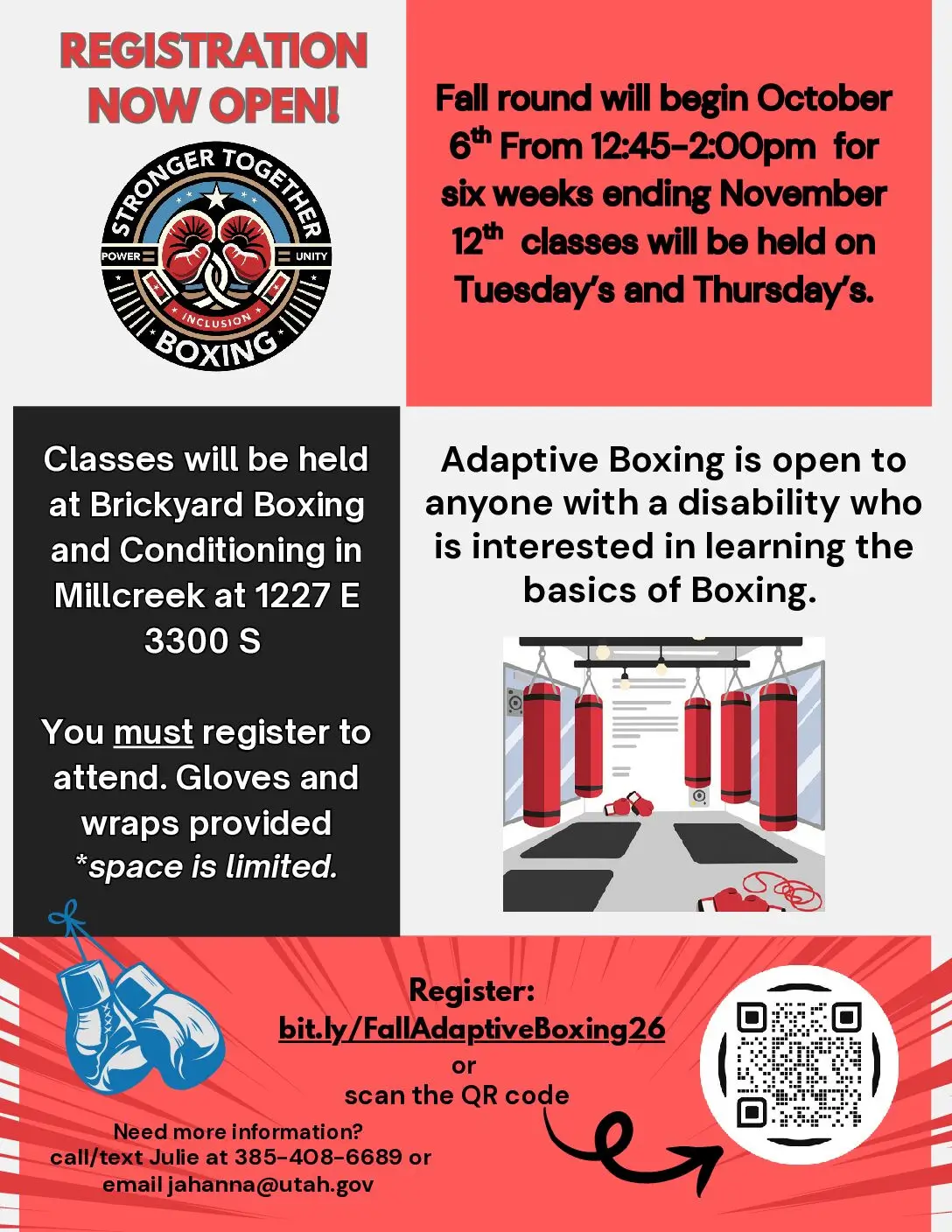Adaptive Boxing fall session flyer: starts October 6, 2026, 12:45–2:00 p.m., at Brickyard Boxing and Conditioning in Millcreek.
