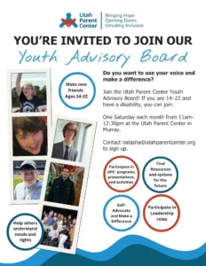 Utah Parent Center Youth Advisory Board invitation for youth with disabilities ages 14 to 22, meeting monthly in Murray